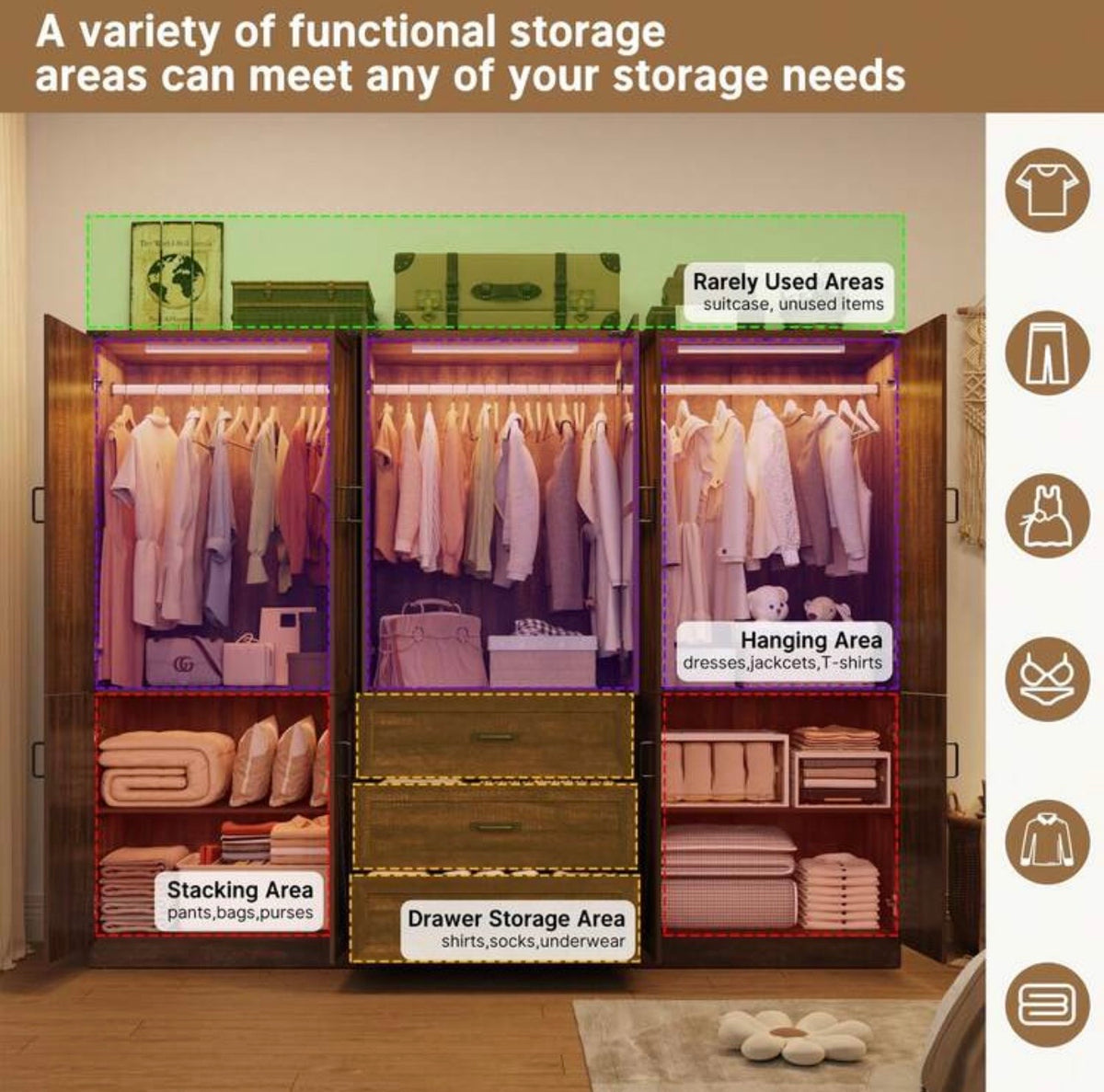 TidyLiving™ Modular Farmhouse Wardrobe with LED Lighting & Storage