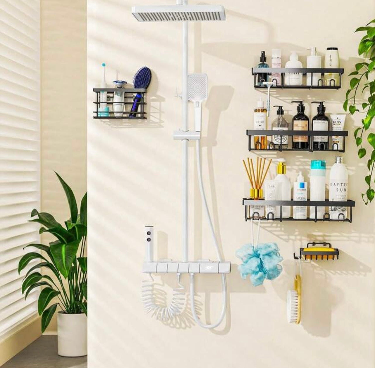 TidyLiving™ 5-Piece Adhesive Shower Caddy Set – Rustproof Bathroom Organizer with Soap Holder & Hooks, No Drilling Required