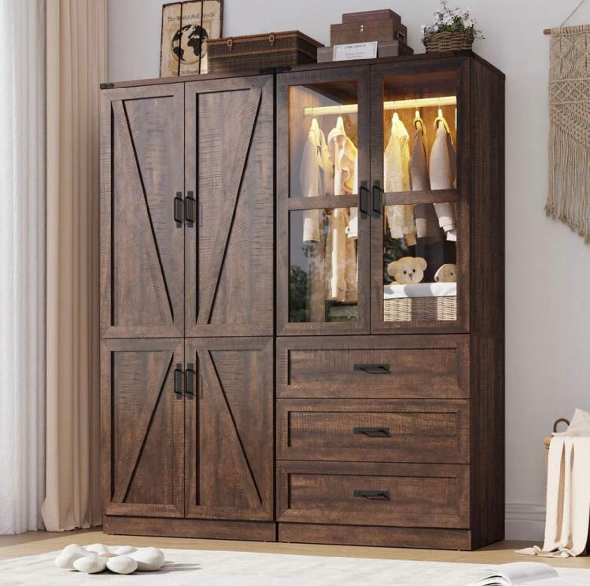 TidyLiving™ Modular Farmhouse Wardrobe with LED Lighting & Storage
