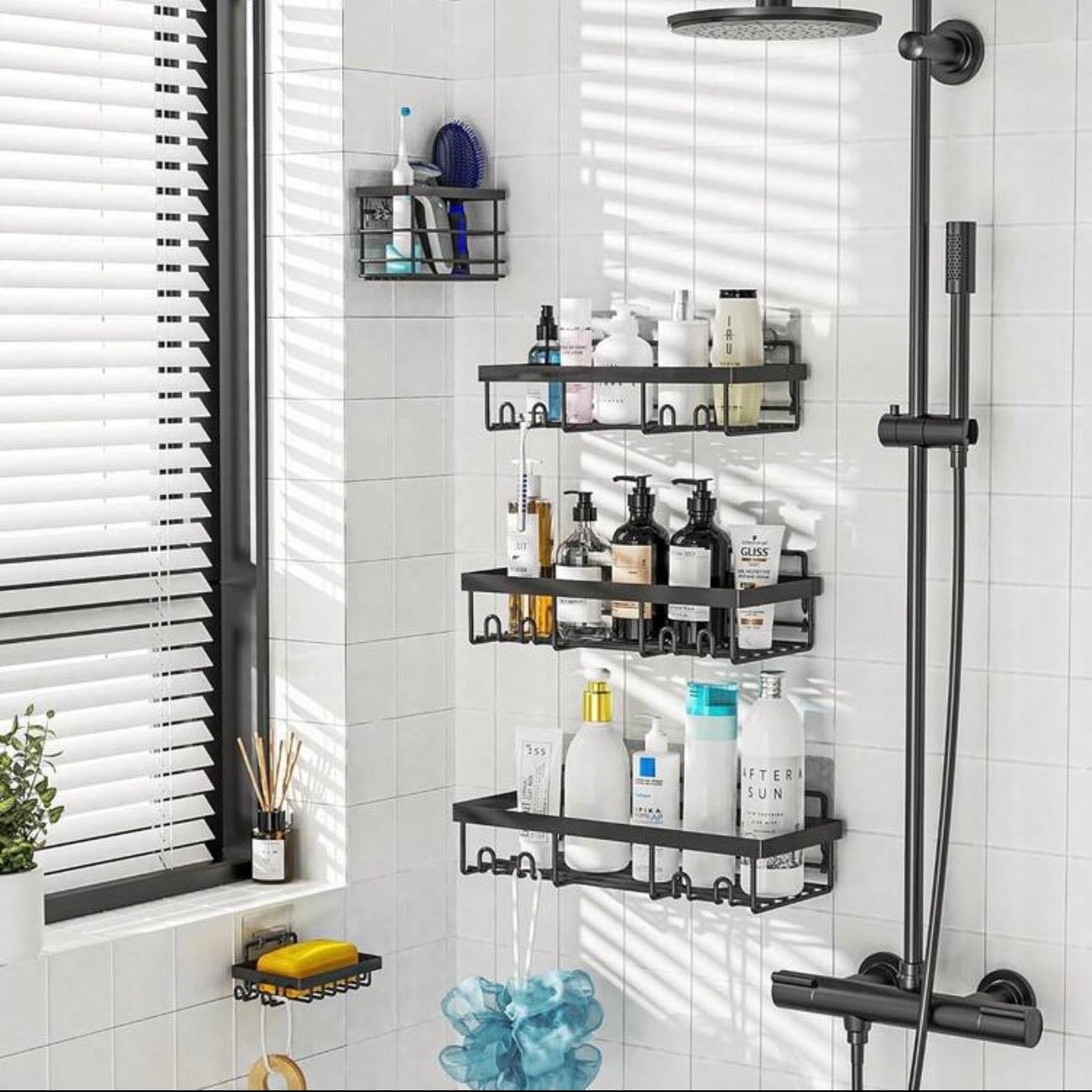 TidyLiving™ 5-Piece Adhesive Shower Caddy Set – Rustproof Bathroom Organizer with Soap Holder & Hooks, No Drilling Required