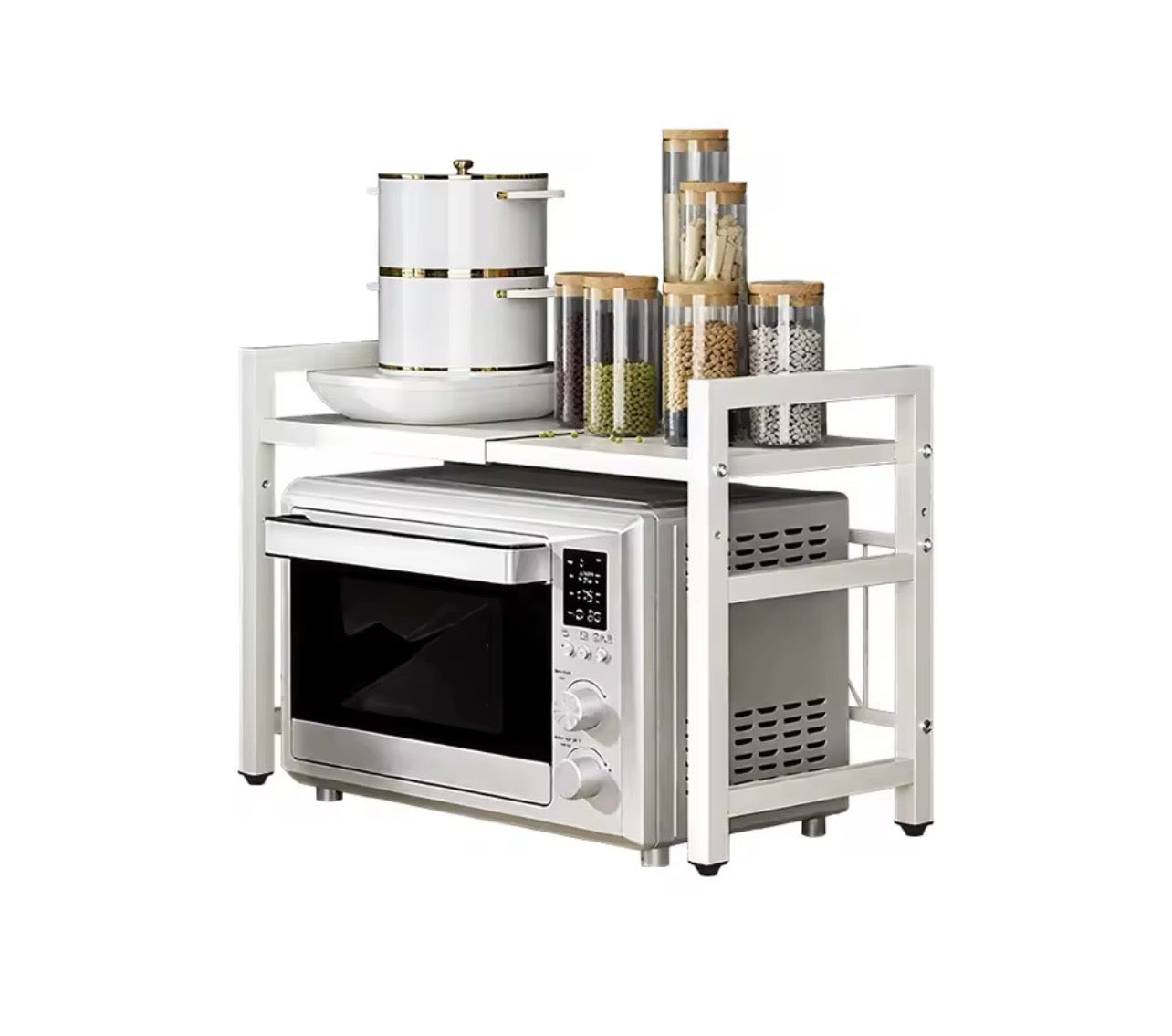 TidyLiving™ Expandable Microwave Shelf – Adjustable Kitchen Storage Rack with Hooks (Black)