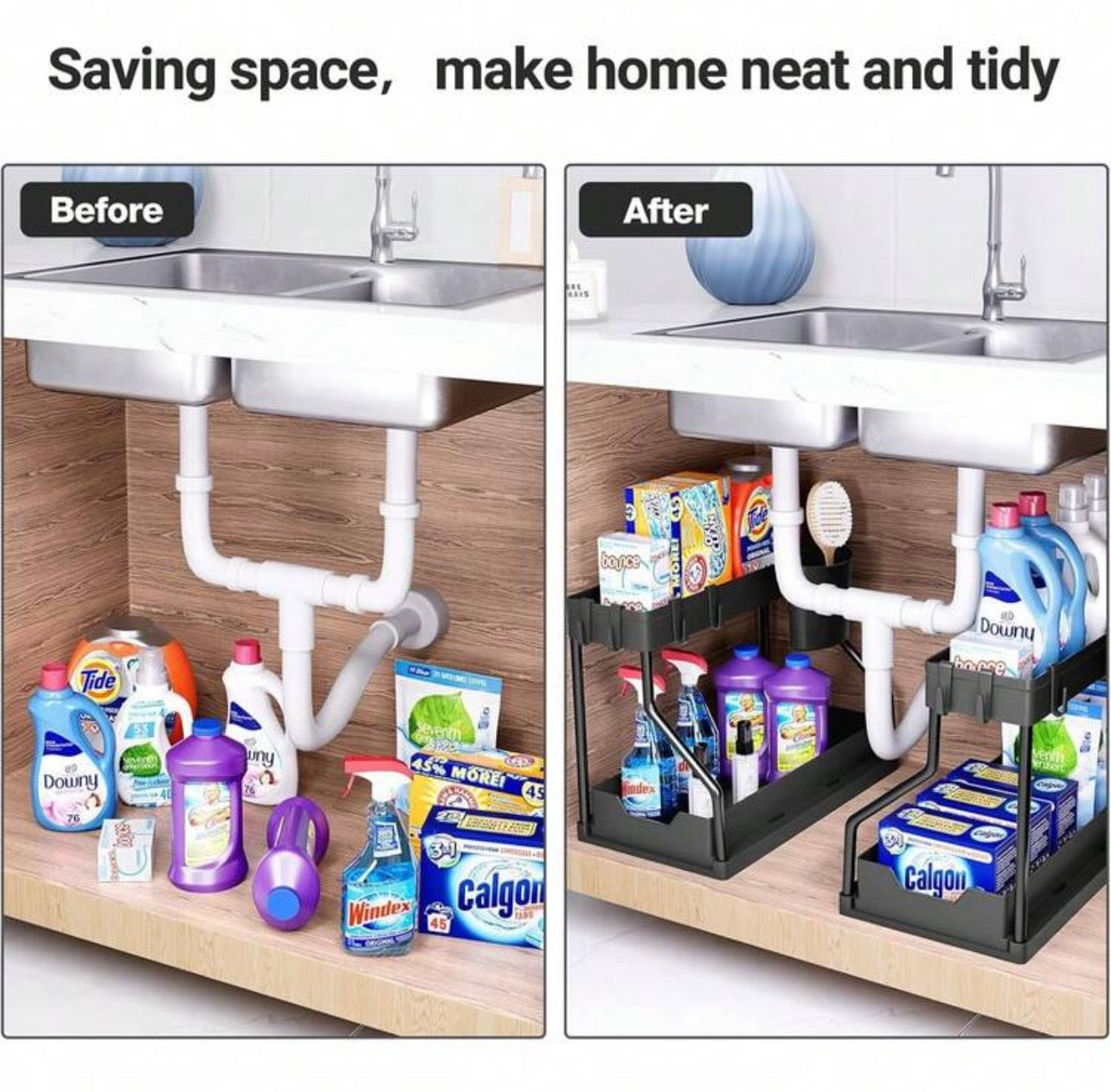 TidyLiving™ SlideOut Under Sink Organizer – 2-Tier Pull-Out Storage Rack with Hooks & Cups