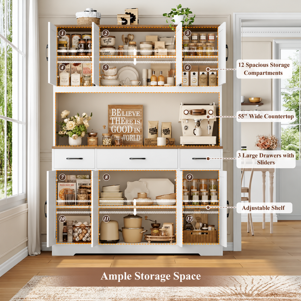 TidyLiving™ Farmhouse Kitchen Pantry & Storage Hutch with Charging Station
