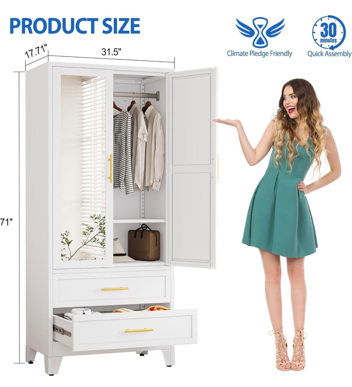 TidyLiving™ Aurelia 71” Freestanding Wardrobe with Adjustable Shelving & Hanging Rail
