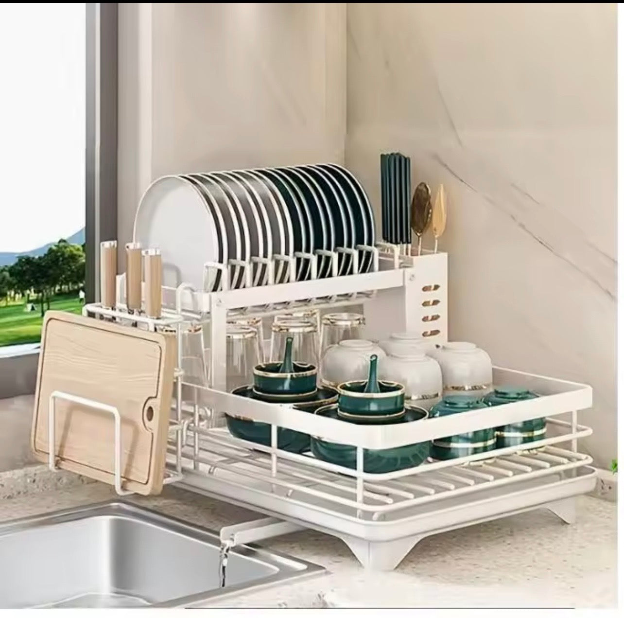 TidyLiving™ 2-Tier Dish Drying Rack – Max Capacity Organizer with Drainboard & Utensil Holder