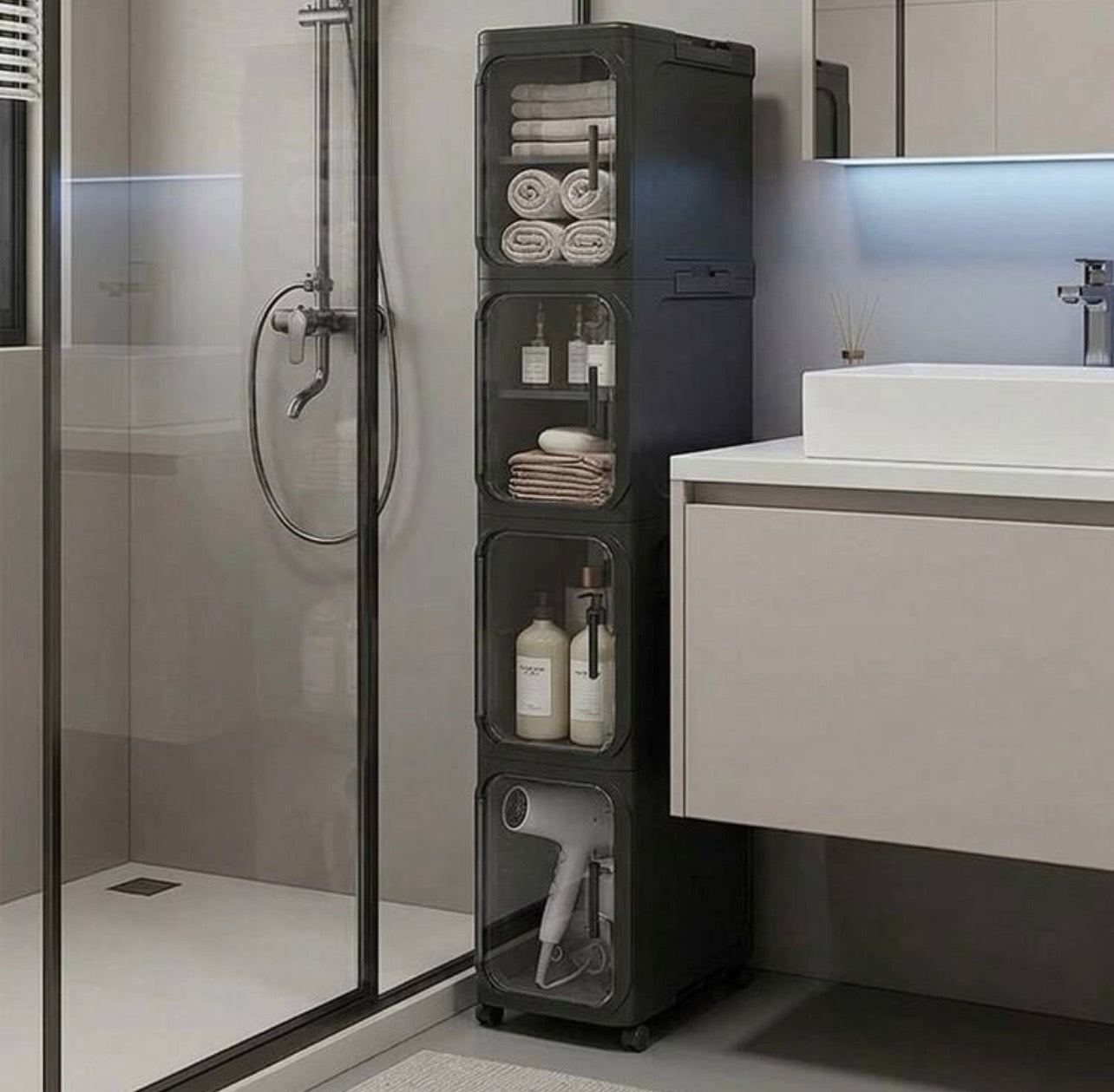 TidyLiving™ 4-Tier Slim Storage Cabinet with Clear Doors & Wheels