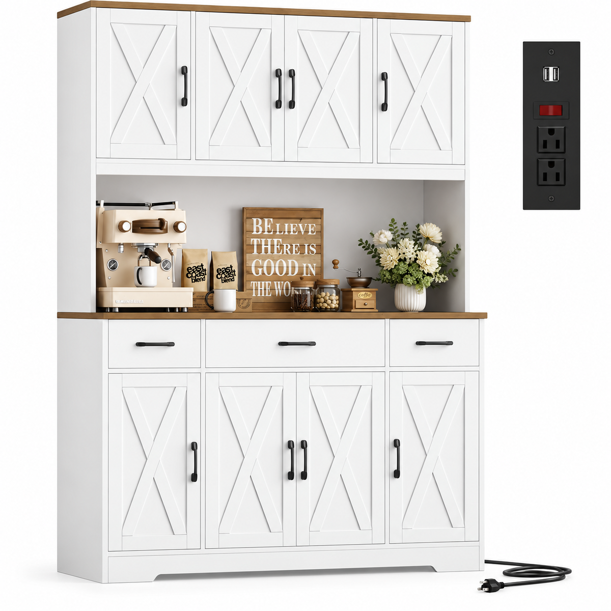 TidyLiving™ Farmhouse Kitchen Pantry & Storage Hutch with Charging Station