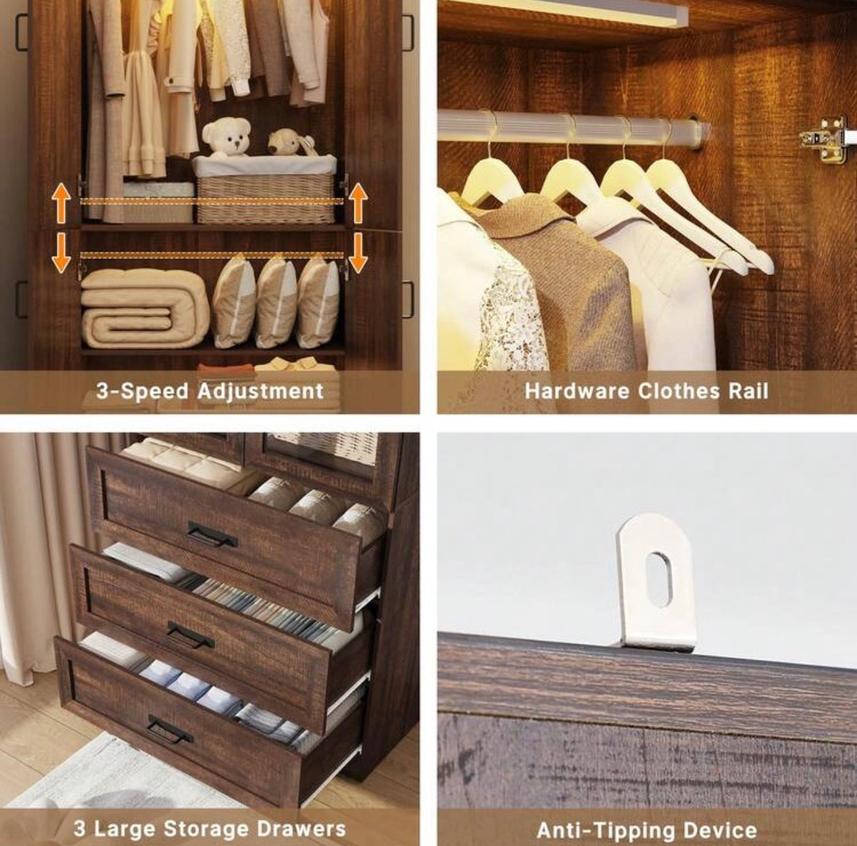 TidyLiving™ Modular Farmhouse Wardrobe with LED Lighting & Storage