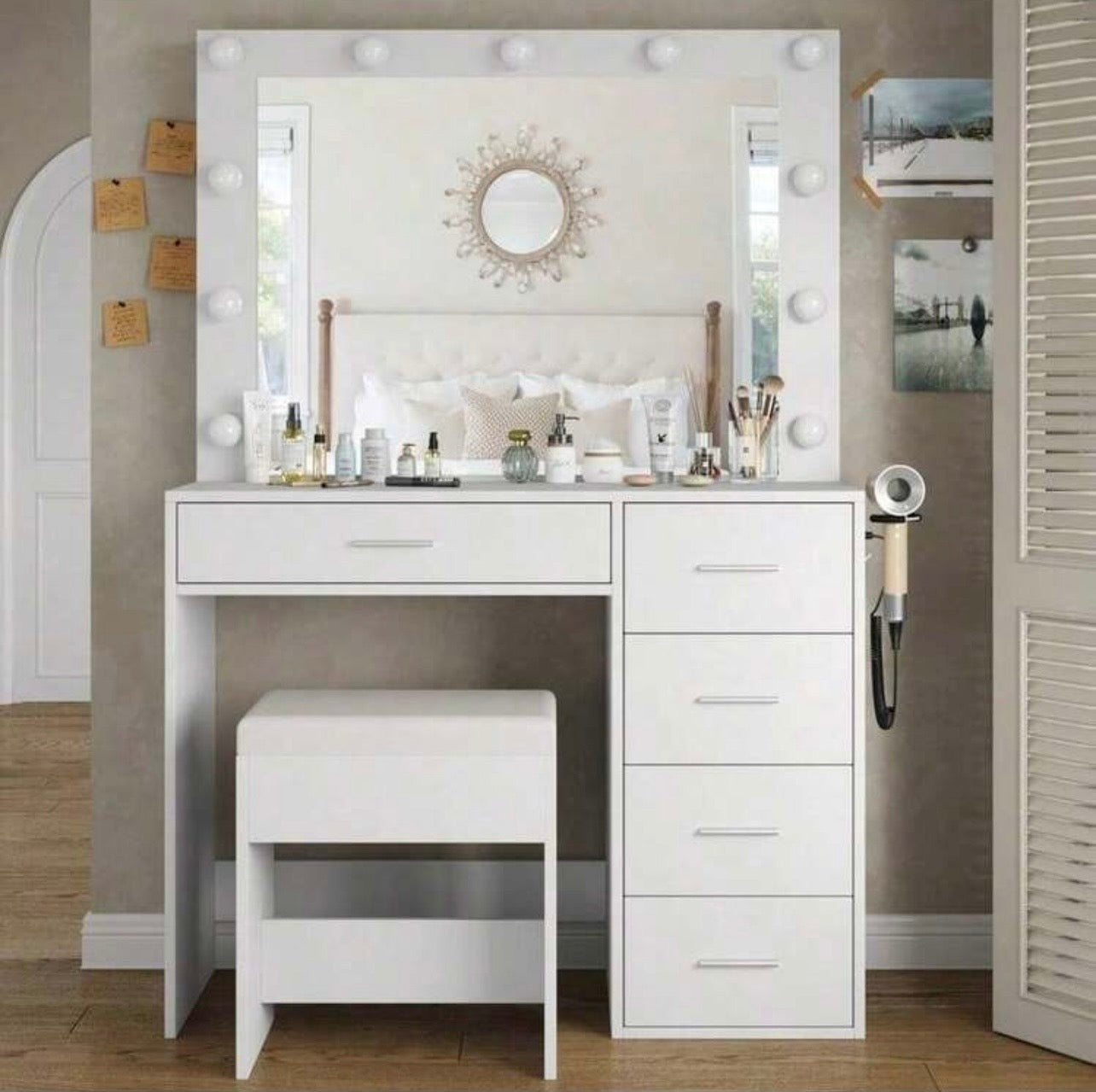 TidyLiving™ Hollywood LED Makeup Vanity with Mirror, 5 Drawers & Stool