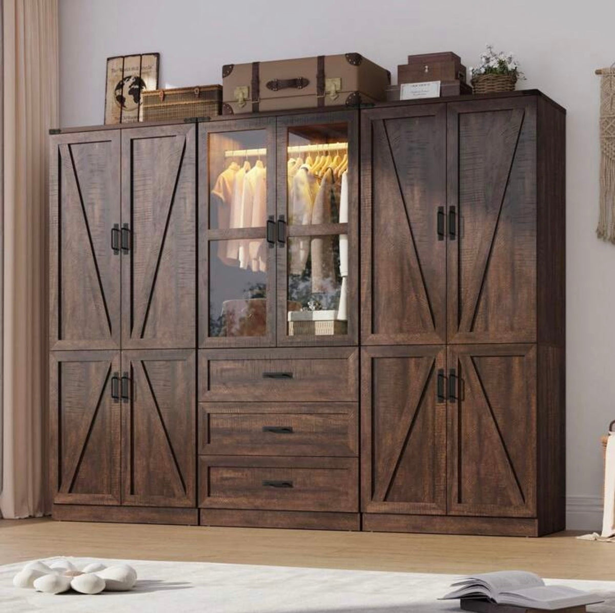 TidyLiving™ Modular Farmhouse Wardrobe with LED Lighting & Storage