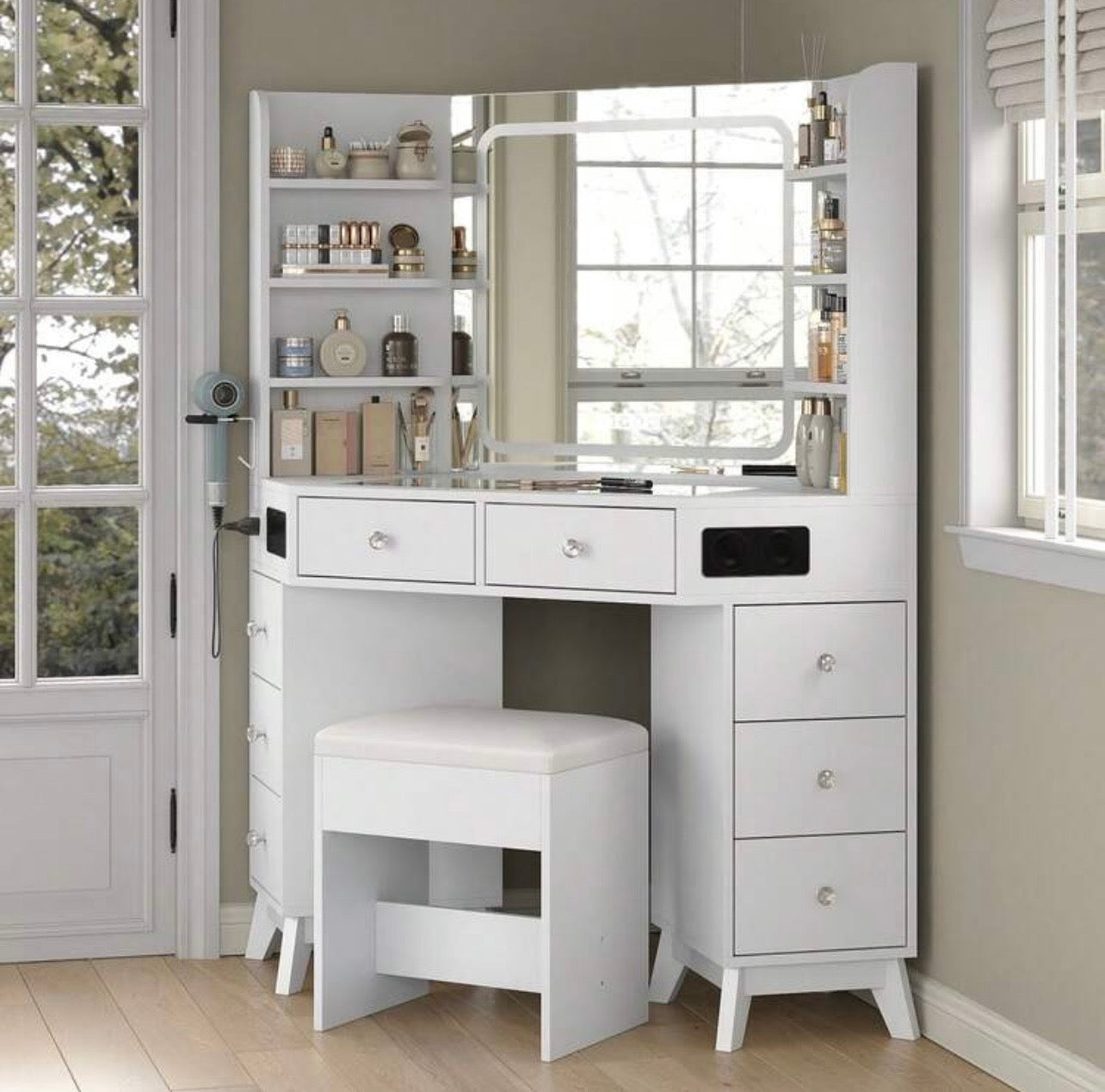 TidyLiving™ Luxe Corner Makeup Vanity with LED Mirror, 8 Drawers & Stool