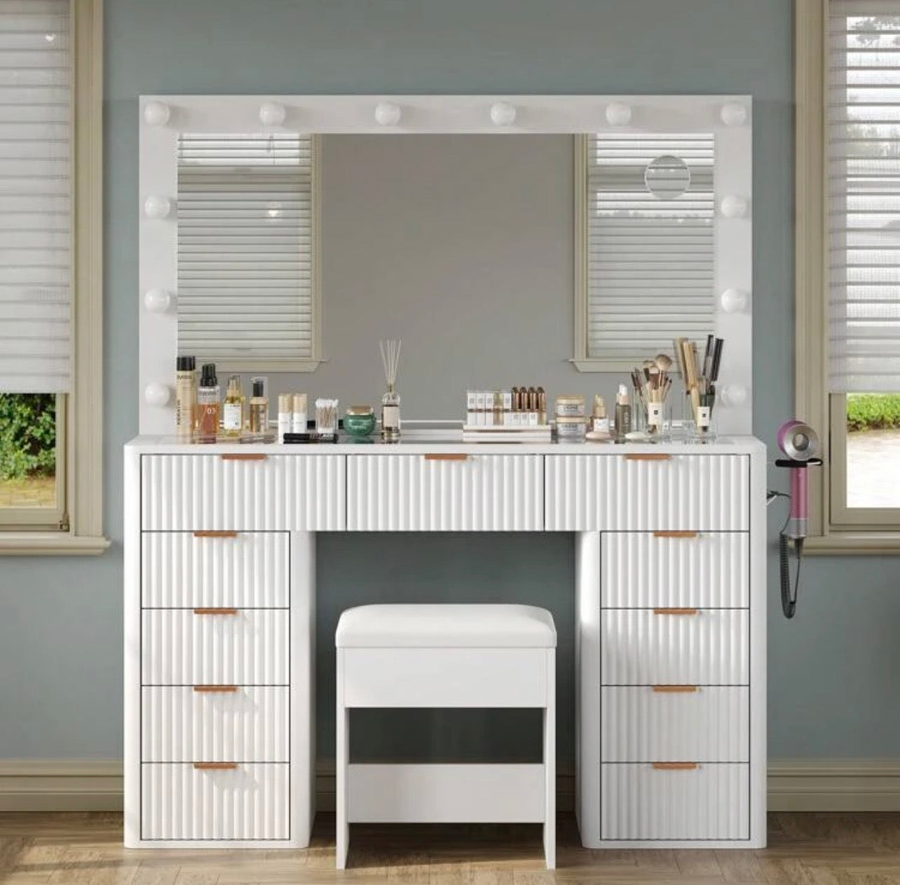 TidyLiving™ Fluted Luxury LED Makeup Vanity with Glass Top & 11 Drawers