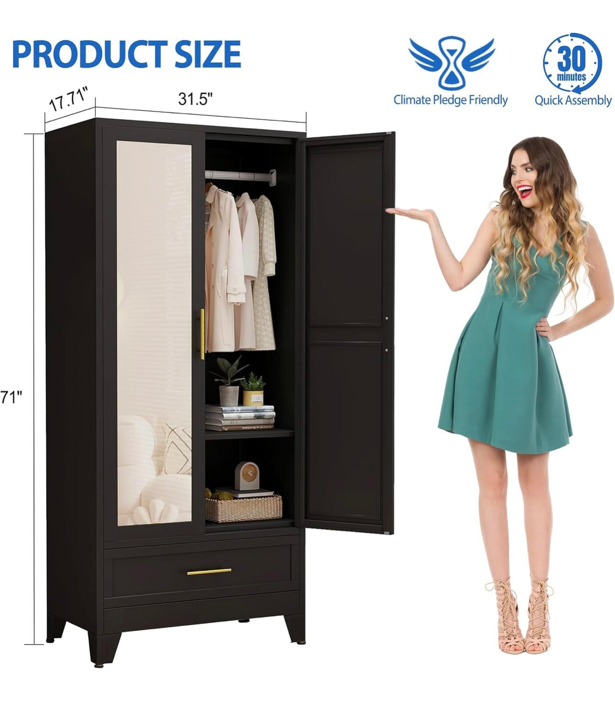 TidyLiving™ Aurelia 71” Freestanding Wardrobe with Adjustable Shelving & Hanging Rail