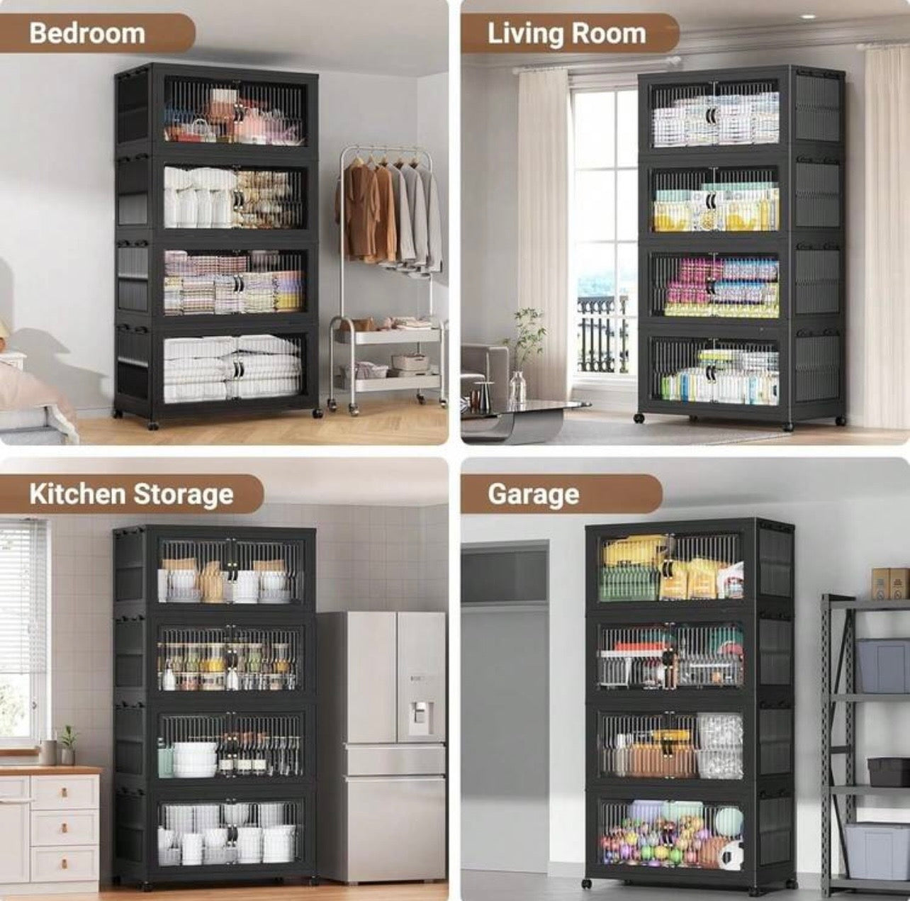 TidyLiving™ Foldable Stackable Storage Cabinet with Doors & Wheels (Multi-Tier Organizer)