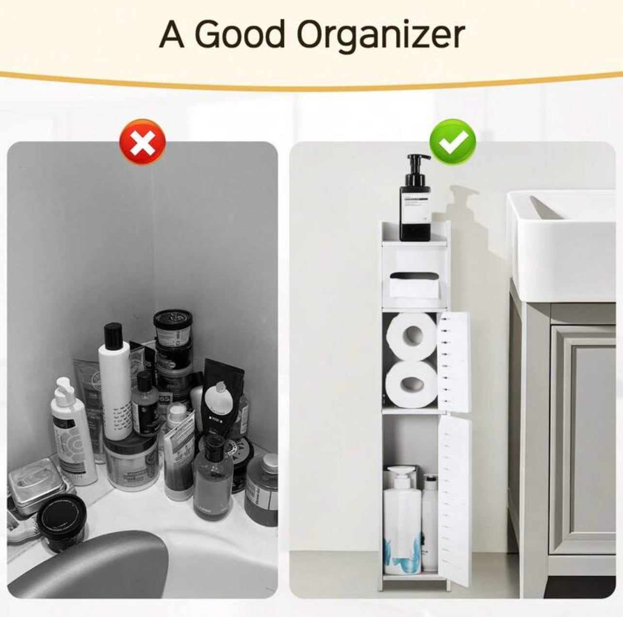 TidyLiving™ Slim Bathroom Storage Cabinet – Narrow Toilet Paper & Bathroom Organizer with Hidden Shelves