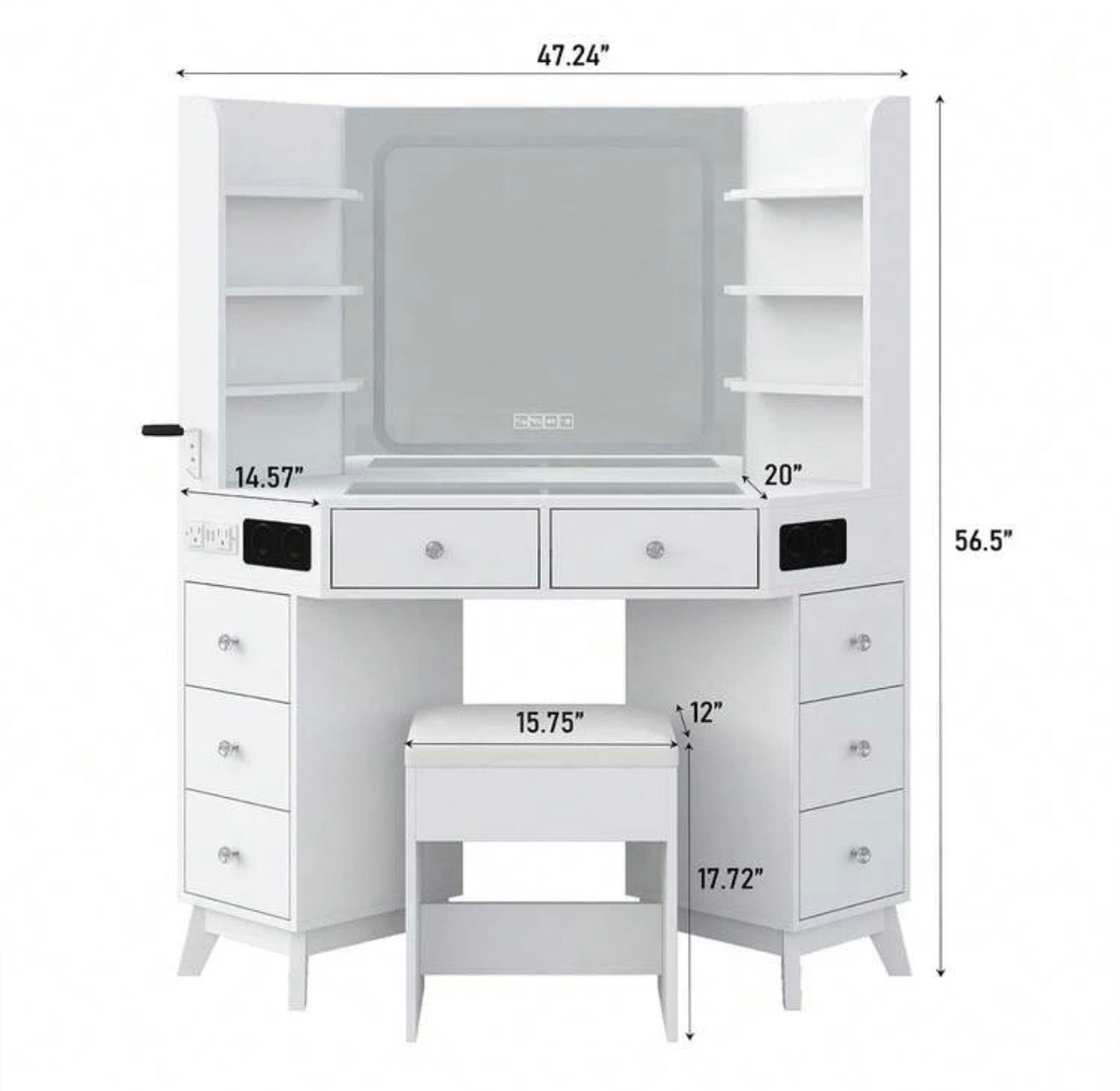 TidyLiving™ Luxe Corner Makeup Vanity with LED Mirror, 8 Drawers & Stool