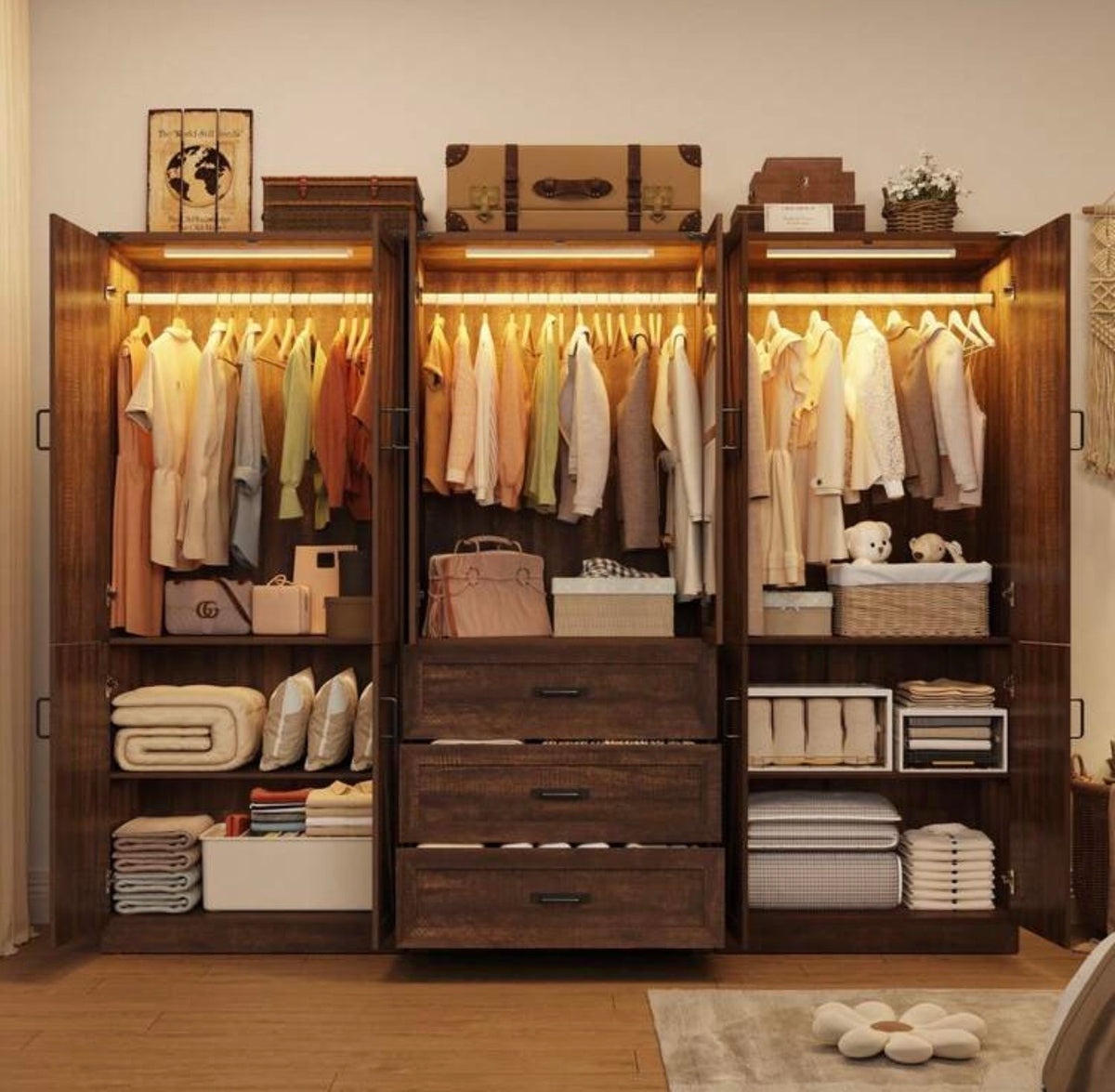 TidyLiving™ Modular Farmhouse Wardrobe with LED Lighting & Storage