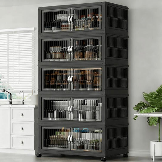 TidyLiving™ Foldable Stackable Storage Cabinet with Doors & Wheels (Multi-Tier Organizer)
