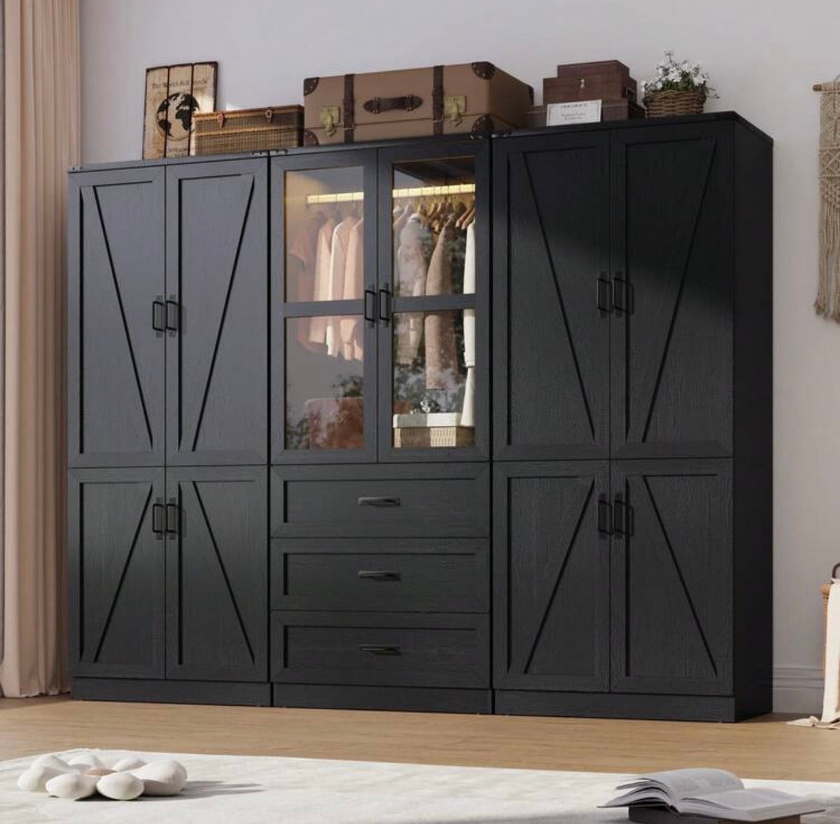 TidyLiving™ Modular Farmhouse Wardrobe with LED Lighting & Storage