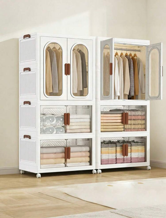 TidyLiving™ Foldable Wardrobe Storage Cabinet with Hanging Closet, Clear Doors & Wheels