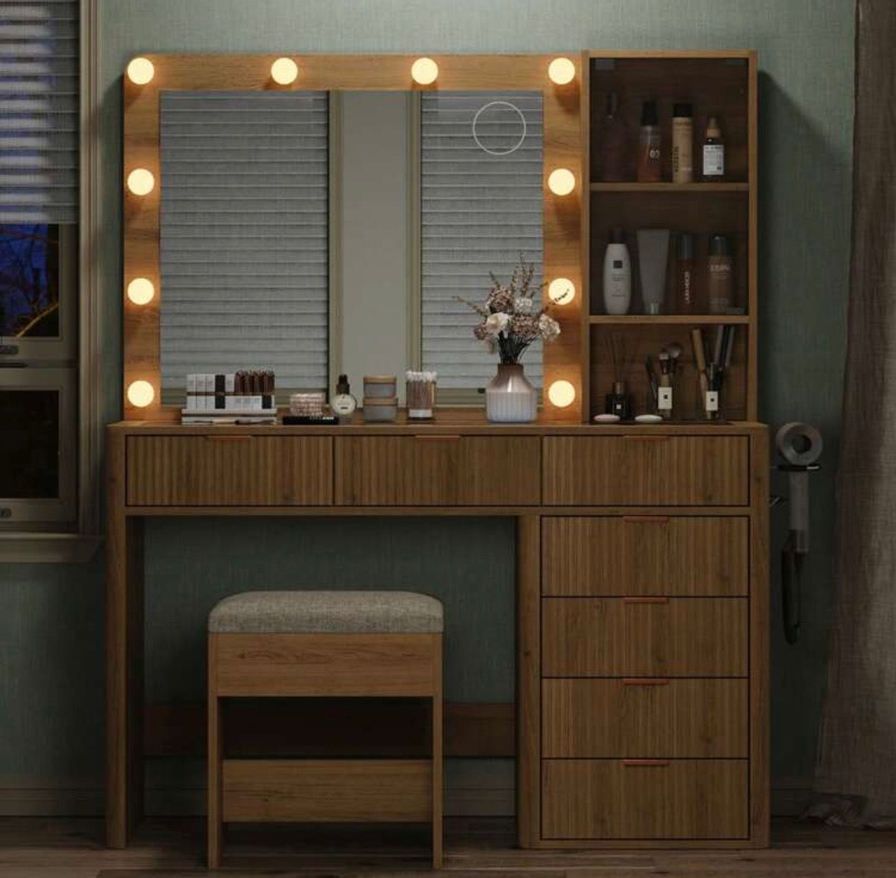 TidyLiving™ 47” Fluted Makeup Vanity with LED Mirror, 7 Drawers & Glass Top