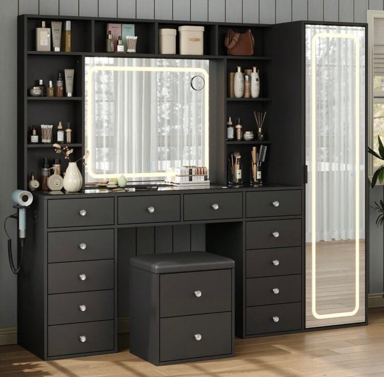 TidyLiving™ Luxury LED Makeup Vanity with Full-Length Mirror & Storage