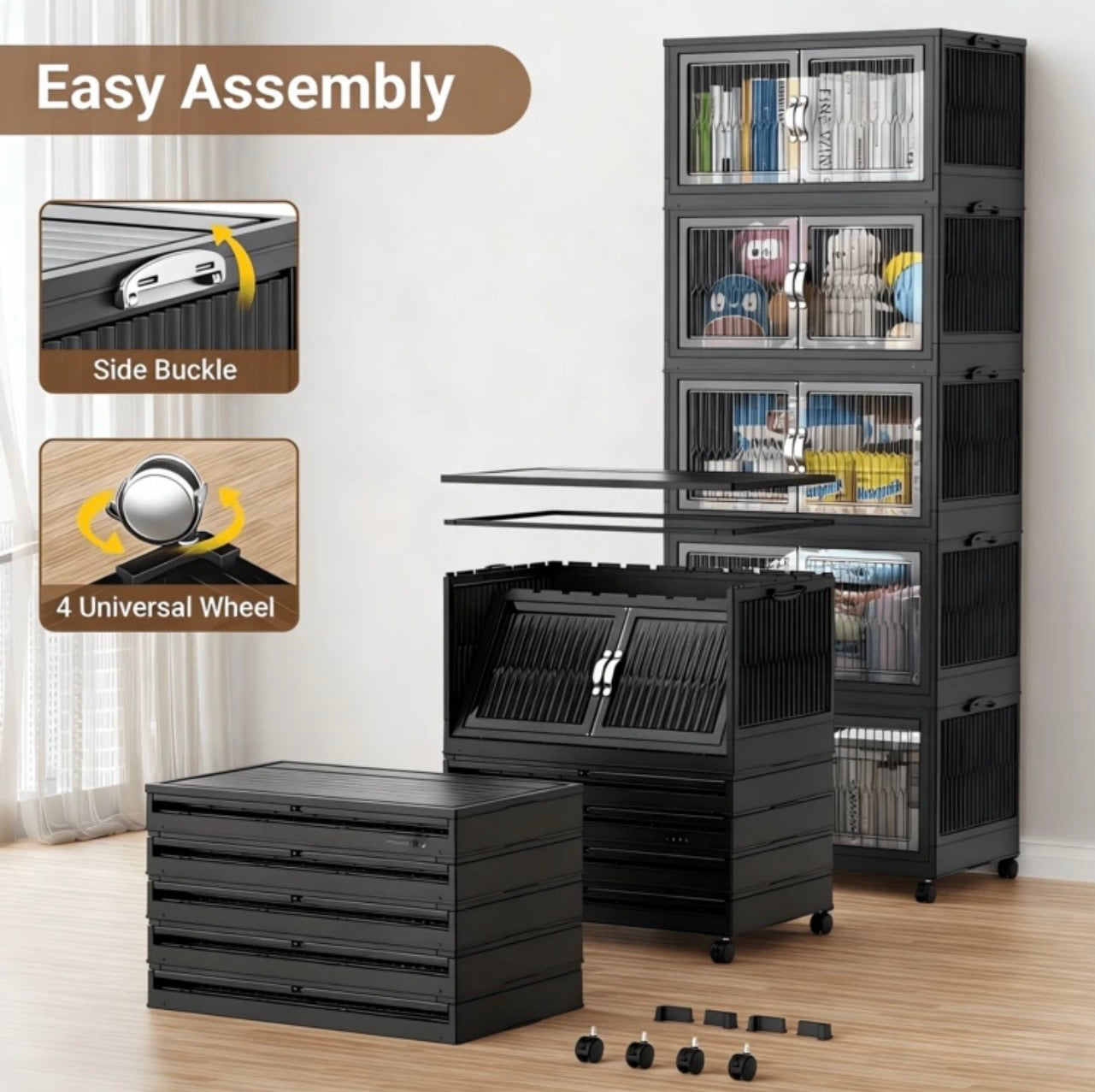 TidyLiving™ Extra Large Foldable Storage Cabinet – Stackable Organizer with Doors & Wheels