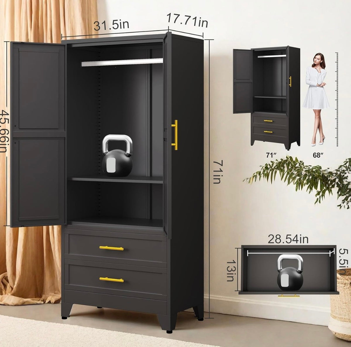 TidyLiving™ Aurelia 71” Freestanding Wardrobe with Adjustable Shelving & Hanging Rail
