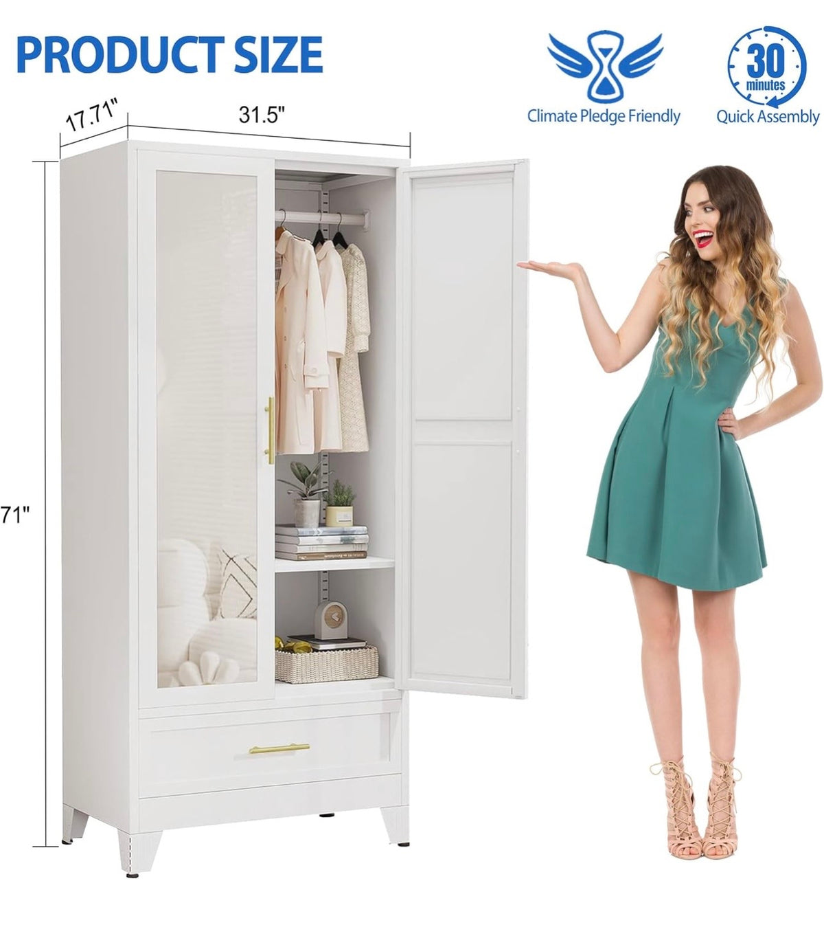 TidyLiving™ Aurelia 71” Freestanding Wardrobe with Adjustable Shelving & Hanging Rail