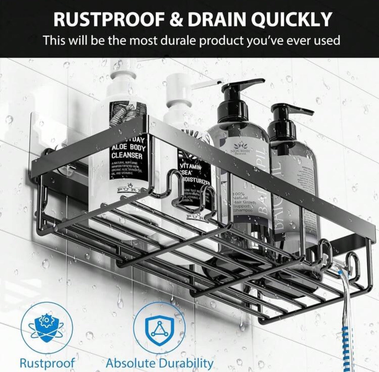 TidyLiving™ 5-Piece Adhesive Shower Caddy Set – Rustproof Bathroom Organizer with Soap Holder & Hooks, No Drilling Required