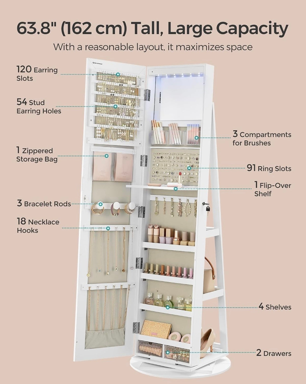 TidyLiving™ 3-in-1 Full-Length Mirror Jewelry Cabinet with 360° Swivel Storage
