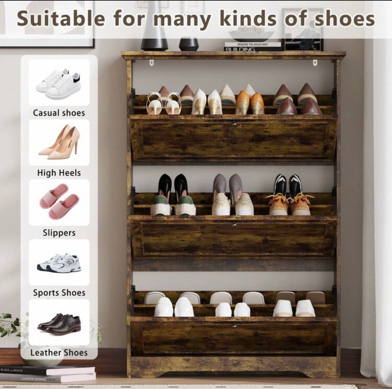 TidyLiving™ Rustic Flip-Door Shoe Storage Cabinet – Space Saving Entryway Organizer
