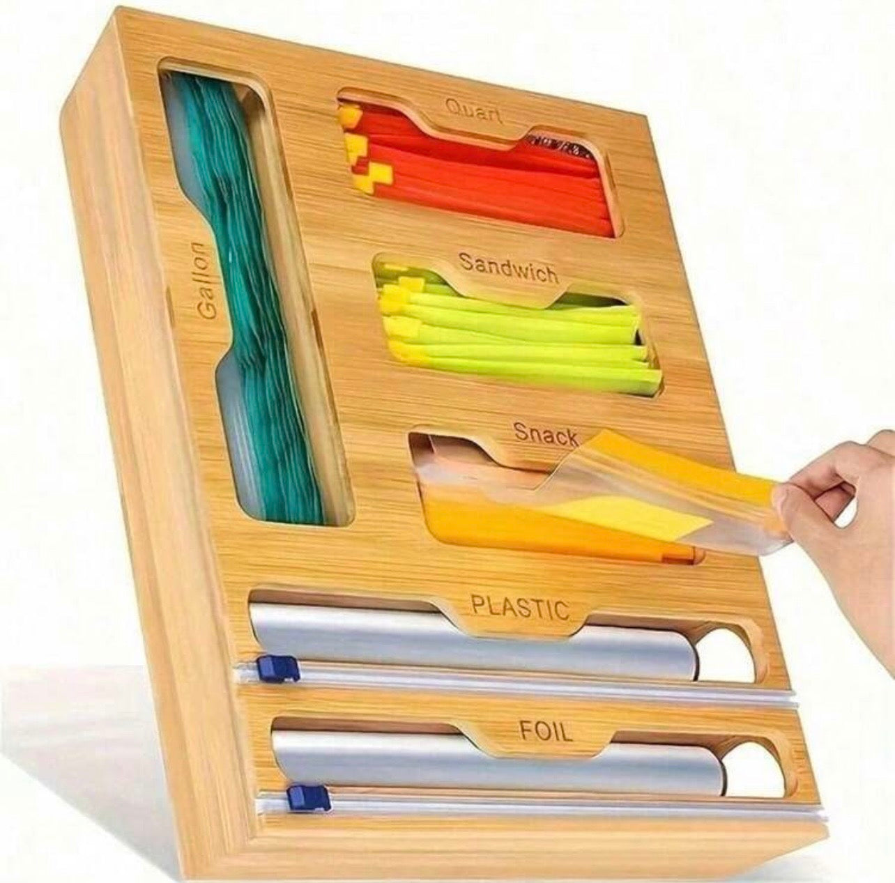 TidyLiving™ 6-in-1 Bamboo Bag Organizer & Wrap Dispenser