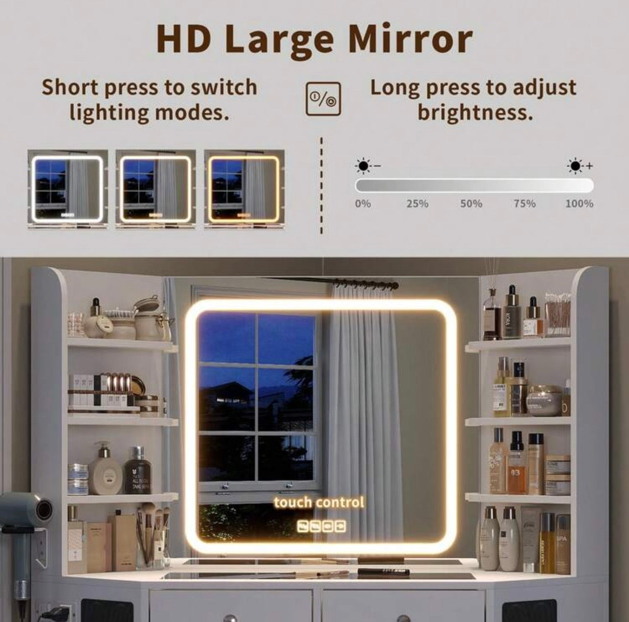 TidyLiving™ Luxe Corner Makeup Vanity with LED Mirror, 8 Drawers & Stool