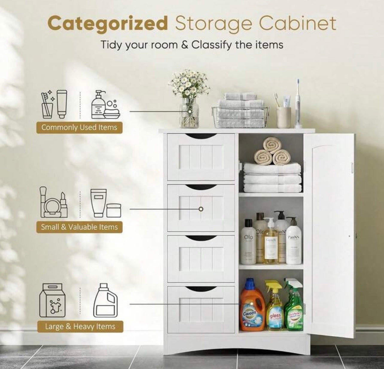TidyLiving™ Bathroom Storage Cabinet with 4 Drawers & Adjustable Shelves – Freestanding Bathroom Organizer
