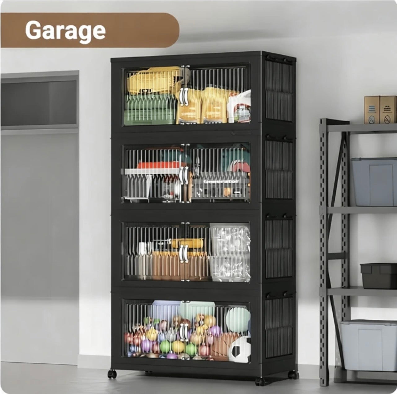 TidyLiving™ Foldable Stackable Storage Cabinet with Doors & Wheels (Multi-Tier Organizer)