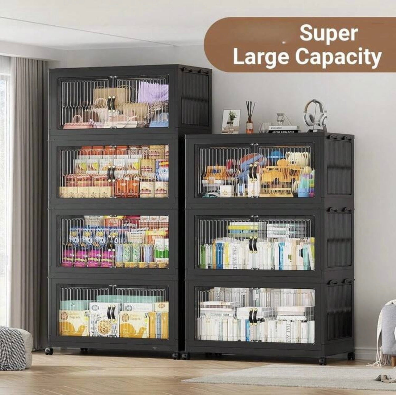 TidyLiving™ Foldable Stackable Storage Cabinet with Doors & Wheels (Multi-Tier Organizer)