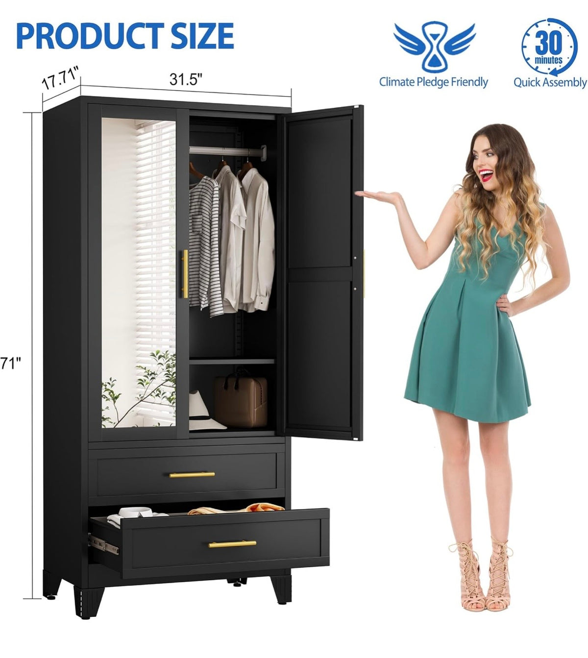TidyLiving™ Aurelia 71” Freestanding Wardrobe with Adjustable Shelving & Hanging Rail