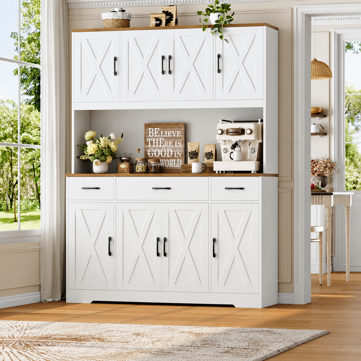 TidyLiving™ Farmhouse Kitchen Pantry & Storage Hutch with Charging Station