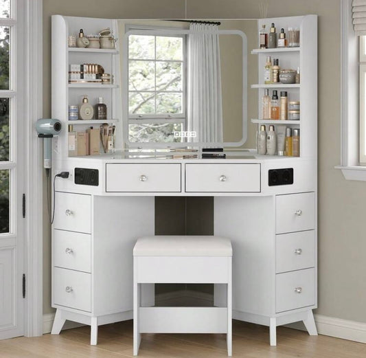 TidyLiving™ Luxe Corner Makeup Vanity with LED Mirror, 8 Drawers & Stool