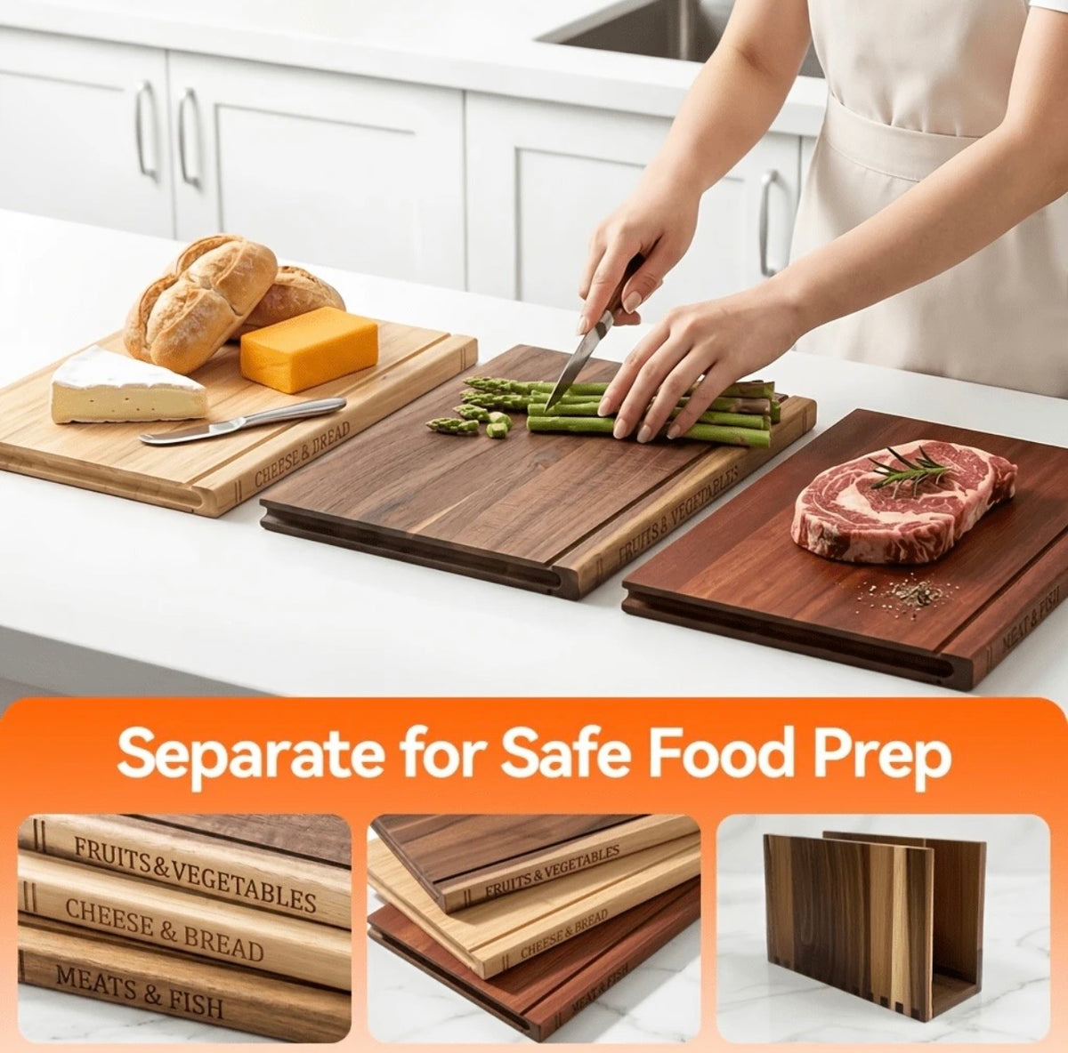 TidyLiving™ TrioPrep Cutting Board Set – 3-Piece Acacia Wood Boards with Storage Stand