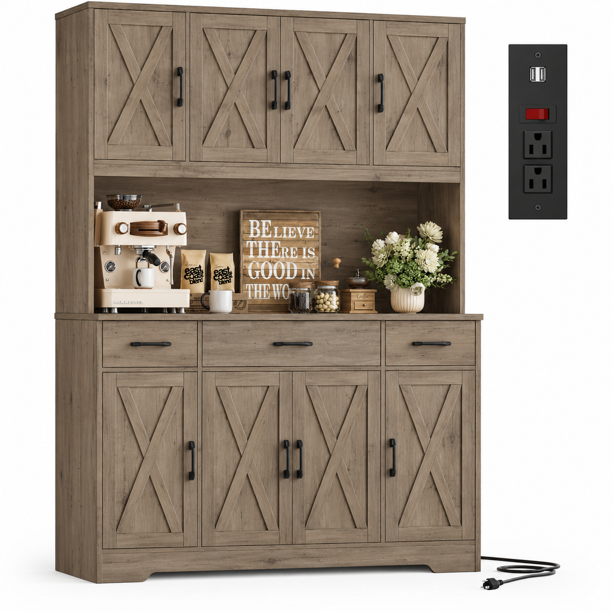 TidyLiving™ Farmhouse Kitchen Pantry & Storage Hutch with Charging Station