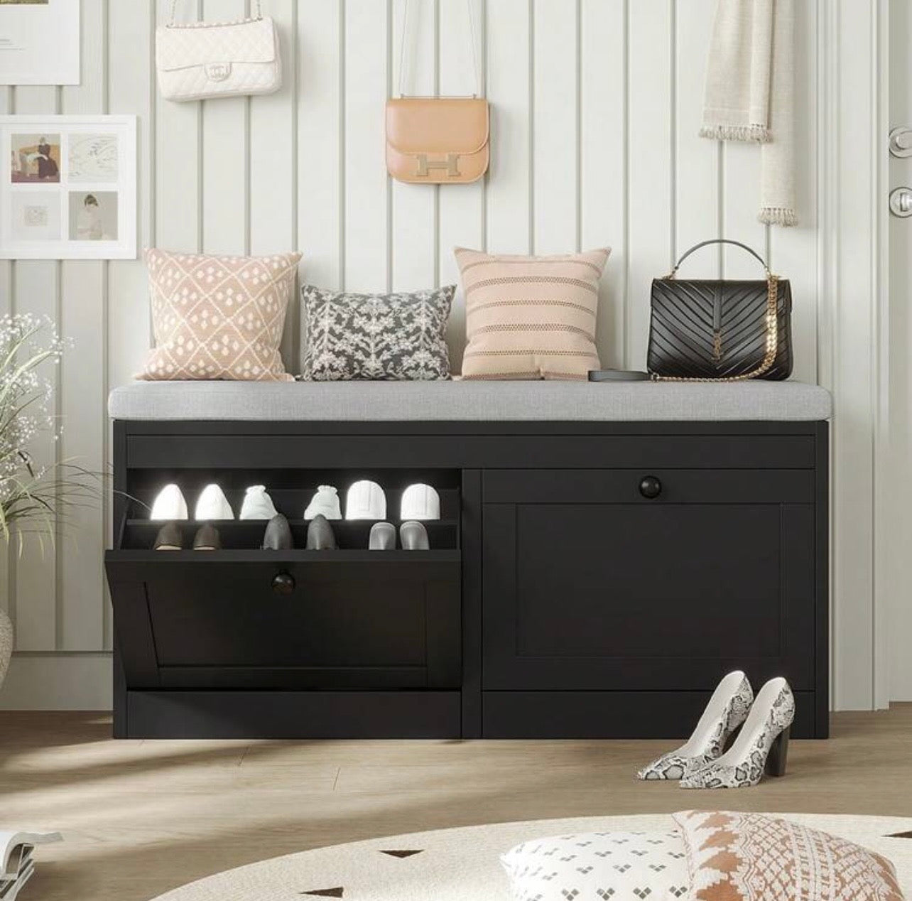 TidyLiving™ Shoe Storage Bench with Cushion & Hidden Flip-Drawer Cabinet