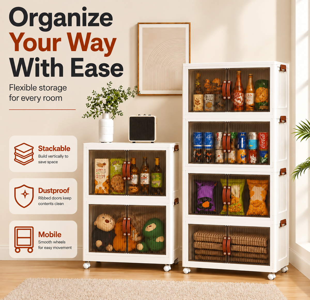 TidyLiving™ Foldable Stackable Storage Cabinet with Doors & Wheels