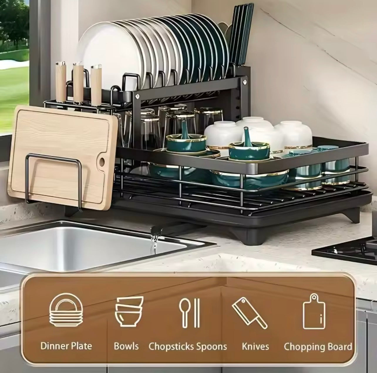 TidyLiving™ 2-Tier Dish Drying Rack – Max Capacity Organizer with Drainboard & Utensil Holder