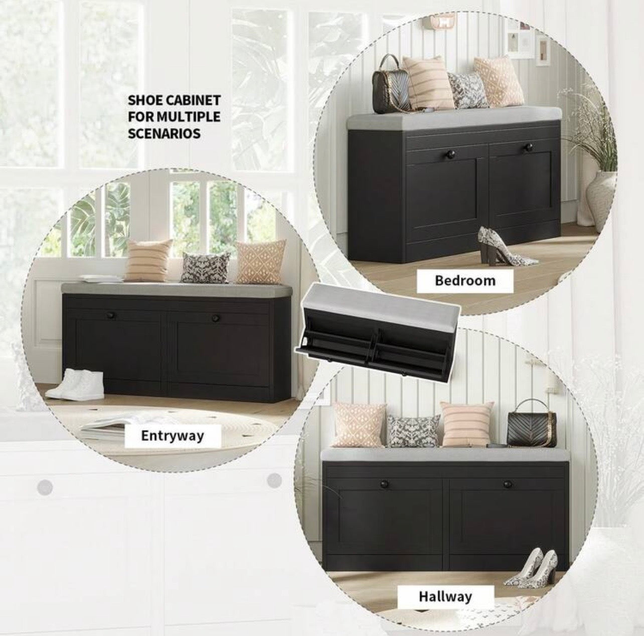 TidyLiving™ Shoe Storage Bench with Cushion & Hidden Flip-Drawer Cabinet