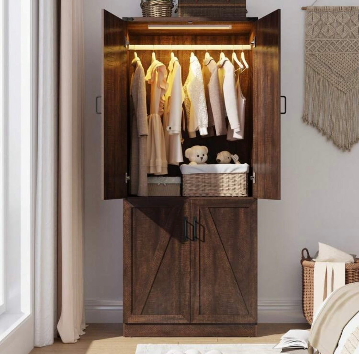 TidyLiving™ Modular Farmhouse Wardrobe with LED Lighting & Storage