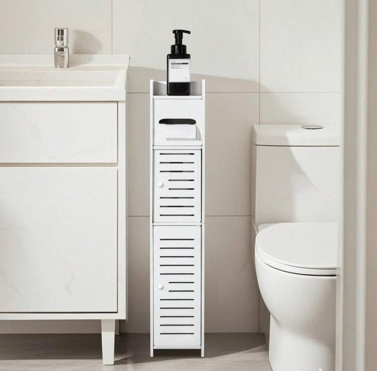 TidyLiving™ Slim Bathroom Storage Cabinet – Narrow Toilet Paper & Bathroom Organizer with Hidden Shelves