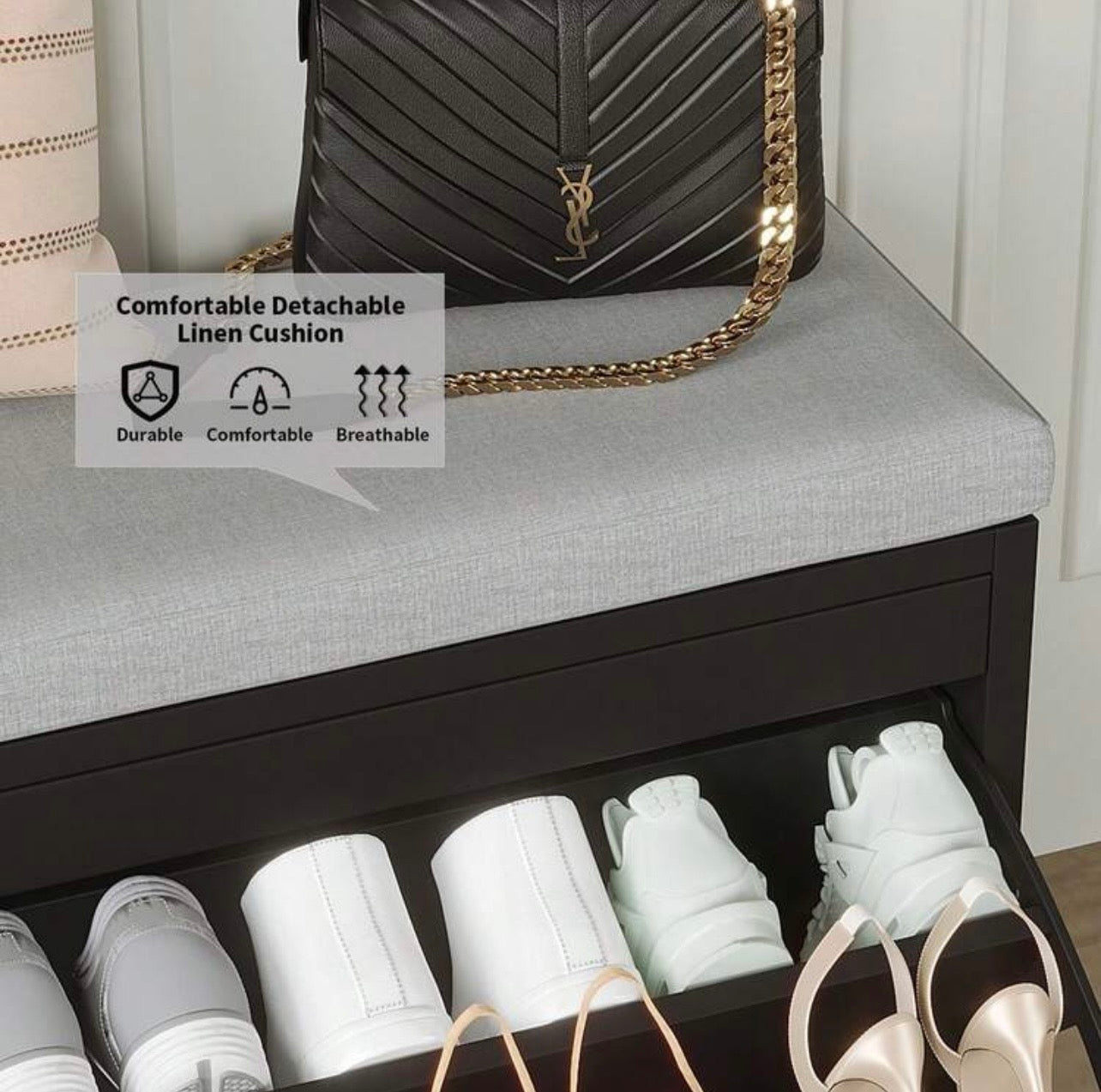 TidyLiving™ Shoe Storage Bench with Cushion & Hidden Flip-Drawer Cabinet