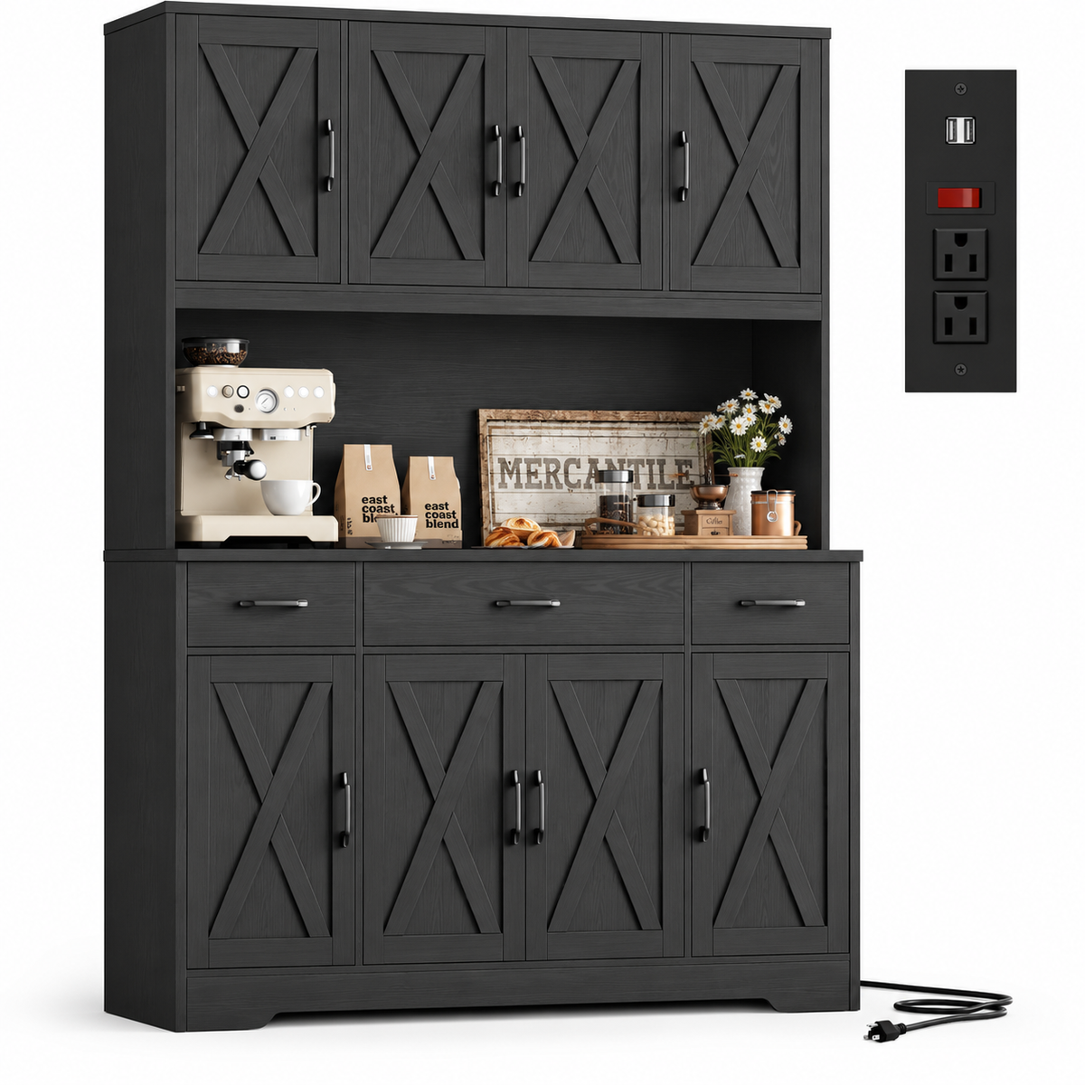 TidyLiving™ Farmhouse Kitchen Pantry & Storage Hutch with Charging Station
